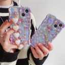 Pretaco Compatible with iPhone 13 Pro Max Case Soft TPU Sparkling Purple Flower Oil Painting, with Luxury Heart Bracelet, Fashionable Wave Edge Shape, Drop and Shock Resistant, for Women and Girls
