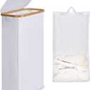 Slim Laundry Basket with Lid, Narrow Laundry Hamper with Removable Bag, Skinny Dirty Clothes Basket with Bamboo Handles for Bathroom, Bedroom & Laundry Room, 63L White