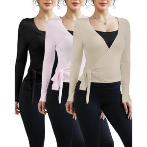 3 Pack Women Ballet Pilates Wrap Tops Y2K Workout Yoga Wrap Shirts Dance Long Sleeve Tie Front Crop Going Out Tops M