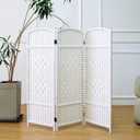 Furnnylane 3 Panel Rattan Divider Short Room Partition Screen,Double Sided Folding Divider for Room Separation,White,47.2" H x 47.2" W