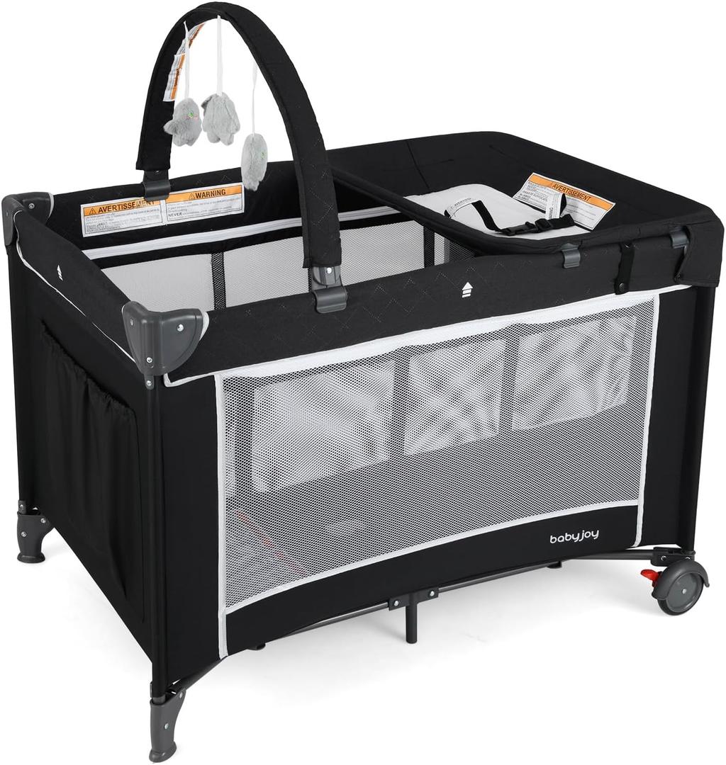 BABY JOY 3 in 1 Pack and Play, Travel Baby Crib Bassinet Bed with Bassinet, Changing Table with Safety Belt, Toy Bar, Lockable Wheels, Portable Baby Playard from Newborn to Toddler (Grey)
