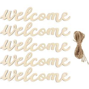 4 x NUOBESTY Wooden Welcome Sign 14.5 Inch Front Door Hanging Plaque with Rope Cursive Wood Letters Home Wall Decor for Porch Entryway Greeting