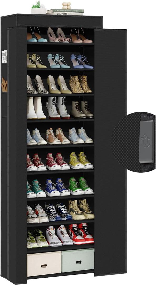 Shoe Rack with Cover, Tall Shoe Rack with Magnetic Closure Cover, 10 Tier Shoe Organizer Storage for 34-37 Pairs Shoes and Boots Large Capacity Shoe Cabinet for Closet, Entryway, Dorm, Garage