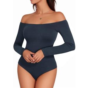 MANGOPOP Women's Off The Shoulder Long Sleeve Short Sleeve Bodysuit Sexy Backless Body Suit Tops XL