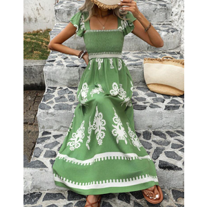 Breezaya Printed Wrap Square Neckline Dress Maxi Vacation Beach Outfits Women, SIZE M