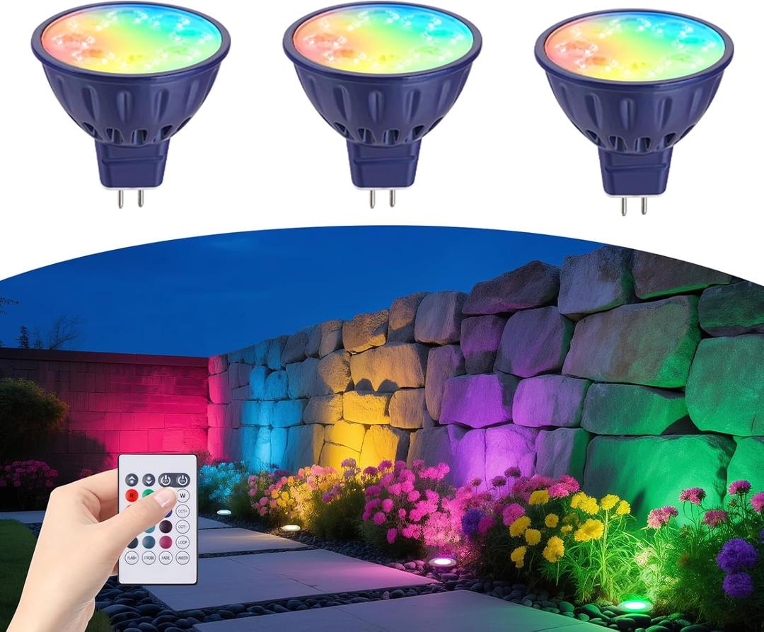 RGBW Color Changing MR16 LED Bulbs, CCT Tunable 2700K to 6500K, Dimmable with Remote Control, Memory Function, GU5.3 Bi-pin Base Light Bulbs for 12V Low Voltage Landscape Lighting 3-Pack