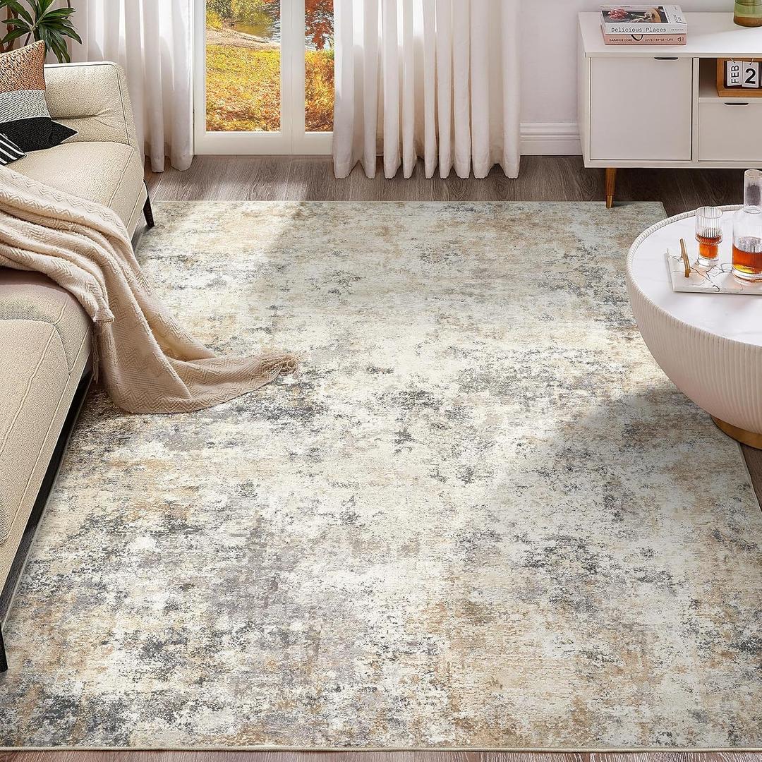 UERMEI 10x12 Area Rug Living Room Rugs - Washable Neutral Modern Abstract Soft Thin Large Rug Indoor Floor No Slip Rug Carpet for Bedroom Under Dining Table Home Office Decor - Golden Grey
