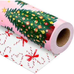 Yarcony Girl Christmas Wrapping Paper Roll, Pink Wrapping Paper, Metallic Foil Elegant Pastel Christmas Tree, Candy Cane & Bow Design Girl Holiday Gift Wrap for Winter Holiday (17 Inch X 33 Feet)