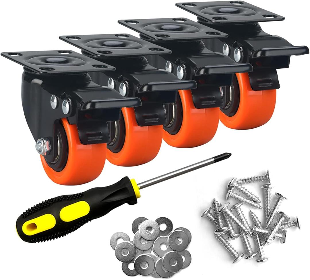 2" Caster Wheels Set of 4, Heavy Duty Casters with Brake, No Noise Locking Casters with Orange Polyurethane (PU) Wheels, Swivel Plate Castors Pack of 4