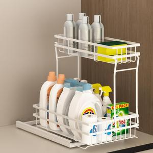 1 Pack Under Sink Organizers and Storage, 2 Tier Pull Out Cabinet Organizer, Metal Sliding Drawer Storage for Kitchen BathroomWhite