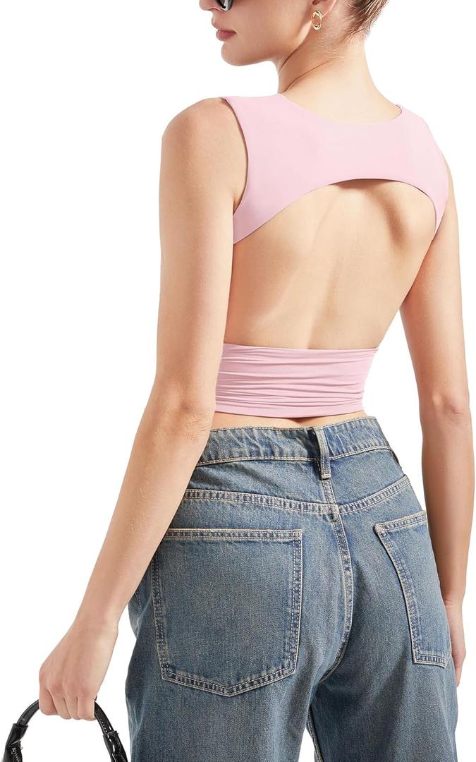 SUUKSESS Women Sexy Backless Tank Top Going Out Double Lined Y2k Basic Crop Tops (Small, 01 Pink)