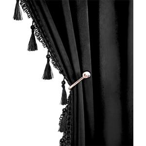 Fazhesici Black Blackout Velvet Curtains 90 inches Long Windows Rod Pocket Drapes with Tassels Soundproof Thermal Curtains for Living Room 2 Panels Set 52" x 90"