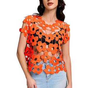 Flygo Hollow Out Floral Lace Crop Top for Women 2025 Trendy Oversized Sleeveless Crochet Vest Coverup Y2K Going Out Tops (Small, Orange)