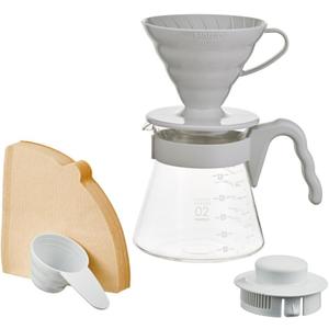 Hario V60 Pour Over Starter Set with Dripper, Glass Server, Scoop and Filters, Size 02, Pale Grey