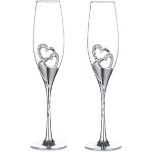 Sziqiqi Wedding Champagne Glass Set Silver Toasting Flute Glasses Pack of 2 with Rhinestone Rimmed Hearts Decoration for Wedding, Anniversary and Special Occasions