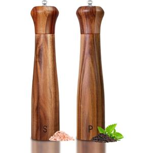 2 Pack 10 Inch Acacia Wooden Salt and Pepper Grinder Set, Manual Salt and Pepper Mills, Salt Grinder Refillable with Adjustable Coarseness, Ceramic/Stainless Steel Core Tableware Gifts