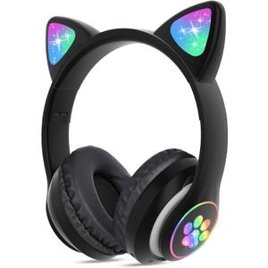 TCJJ Bluetooth 6.0 Cat Ear Kids Headphones for Girls, LED Light Up, 85dB Safe Volume Limit, Stereo Sound Toddler Foldable Wireless & 3.5mm Wired Headset with Mic for School, Tablet, Travel (Black)