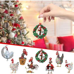 8Pcs Acrylic Chicken Ornaments Christmas Tree Pendant Decor Xmas Tree Hanging Decoration Acrylic 3D Chicken Signs Christmas Farm Theme Decor