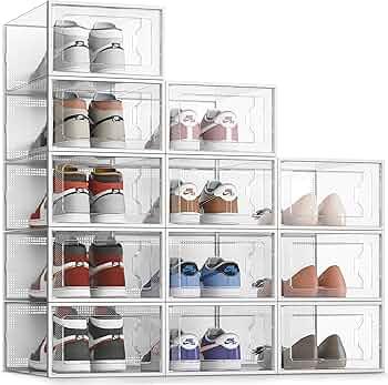 SEE SRPING XXLarge Shoe Storage Box Fit Size 14, Clear Plastic Stackable Shoe Organizer for Closet, Shoe Rack Sneaker Containers Bins Holders, Drawer Organize Unit, 12 Pack Clear