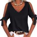 Veatzaer Women's Cold Shoulder Tops Short Sleeve V-Neck Casual Loose Cutout Summer Fashion Tshirts Blouse Shirts Black (S)