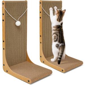 Value 2-Pack 23.6 Inch L-Shaped Cardboard Cat Scratcher, Dual Use (Vert/Horiz) Scratch Pad with Toy Balls, Wall-Mountable Furniture Protector Cat Scratchers for Indoor Cats
