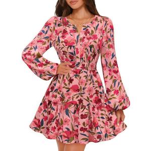 MEROKEETY Fall Wedding Guest Dresses for Women Long Sleeve Floral Casual Lightweight Flowy Swing Boho Dress Pockets (S)