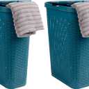 Mind Reader Slim Laundry Hamper with Lid, 40L Clothes Basket, Narrow Tapered Design with Ventilated Cutout Pattern, Plastic, Set of 2, Blue
