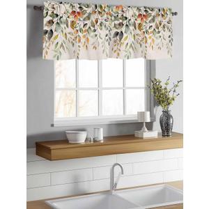 Kitchen Valance for Windows,Sage Green Eucalyptus Orange Gradient Rod Pocket Valances Curtain Window Topper,Fall Leaves Vintage Linen Curtain Valance for Bedroom Bathroom Living Room Cafe 54x18in