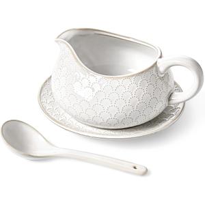 LE TAUCI Gravy Boat with Ladle and Saucer Stand 24oz, Ceramic Sauce Boat with Tray for Salad Dressings, Creamer, Broth, Black Pepper, Set of 1, Arctic White, Firework
