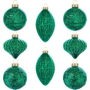 KI Store Mercury Glass Christmas Ornaments Set of 8 Green Hanging Christmas Balls Finials for Christmas Tree Decoration Holiday Dcor