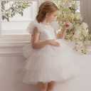KAQININI Flower Girl Dress Ruffle Sleeve Layered Rainbow Holiday Fancy Satin Tulle Elegant Party Formal Communion Gown (White)