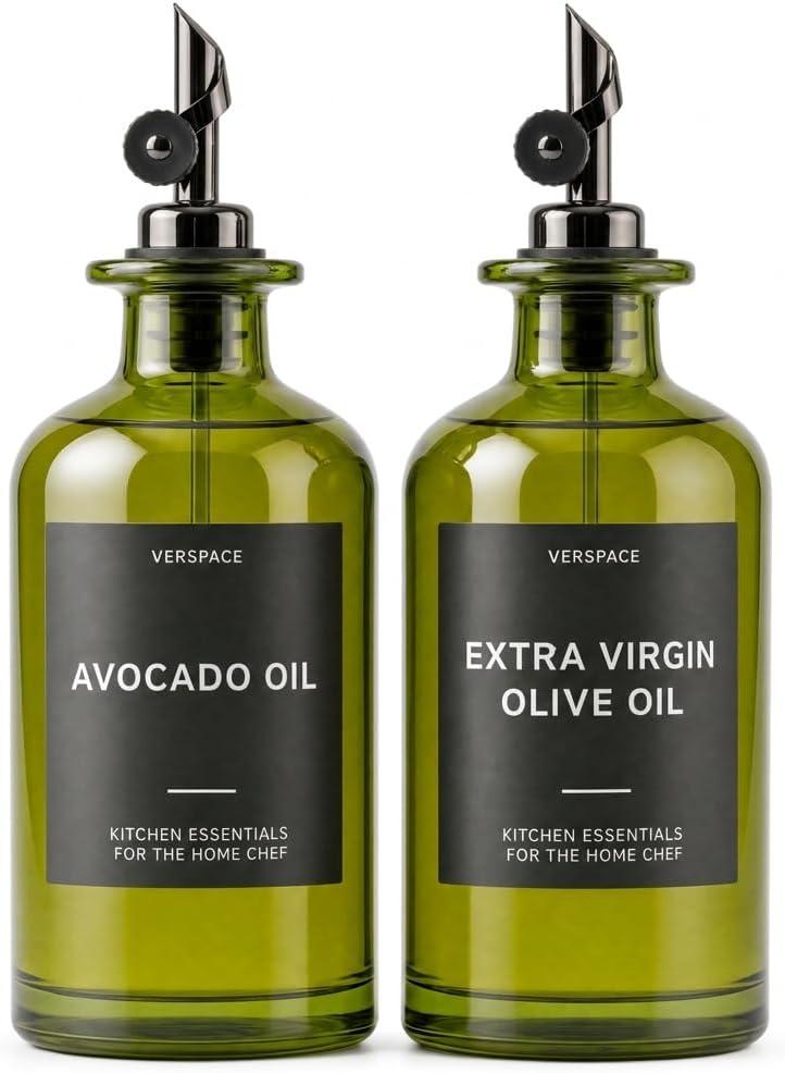 Verspace UV-Protected Green Glass Olive Oil Dispenser Bottles For Kitchen - 2 Pack - 17oz Includes 40 Kitchen Essential Labels, Avocado Oil Dispenser Set, Modern Decor for Home, Airbnb, Cafe