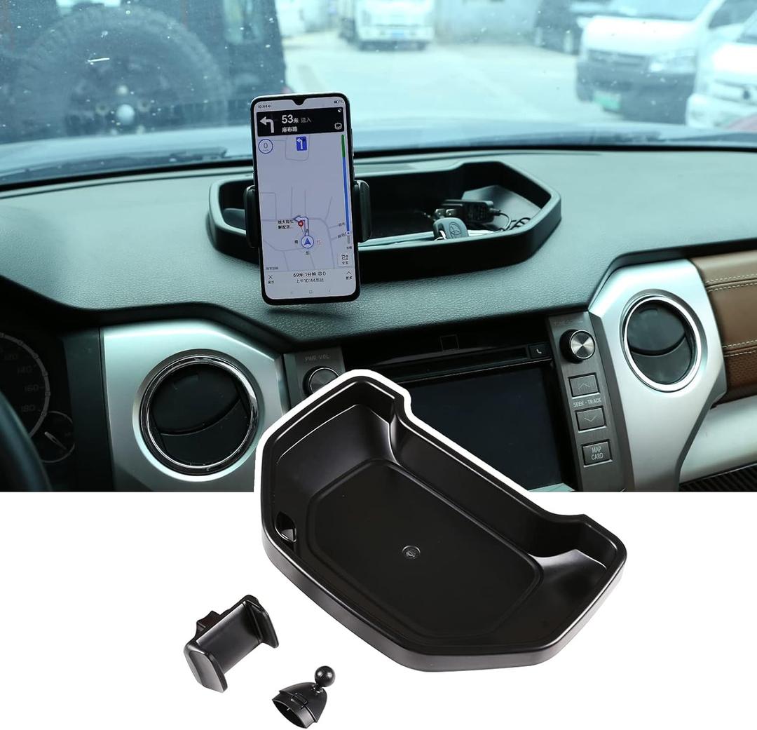LLKUANG Black ABS Car Center Console Dash Table Storage Tray Fit for Toyota Tundra 20142021 Instrument Organizer 360° Rotating Phone Holder Cradle Accessories (with Mobile Phone Holder)