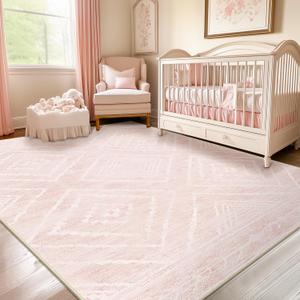 Area Rug 6x9 Rug Machine Washable Non-Slip Low Pile Print Pattern Western Rug for Living Room Bedroom Entryway Tribal Series -Light Pink/Cream