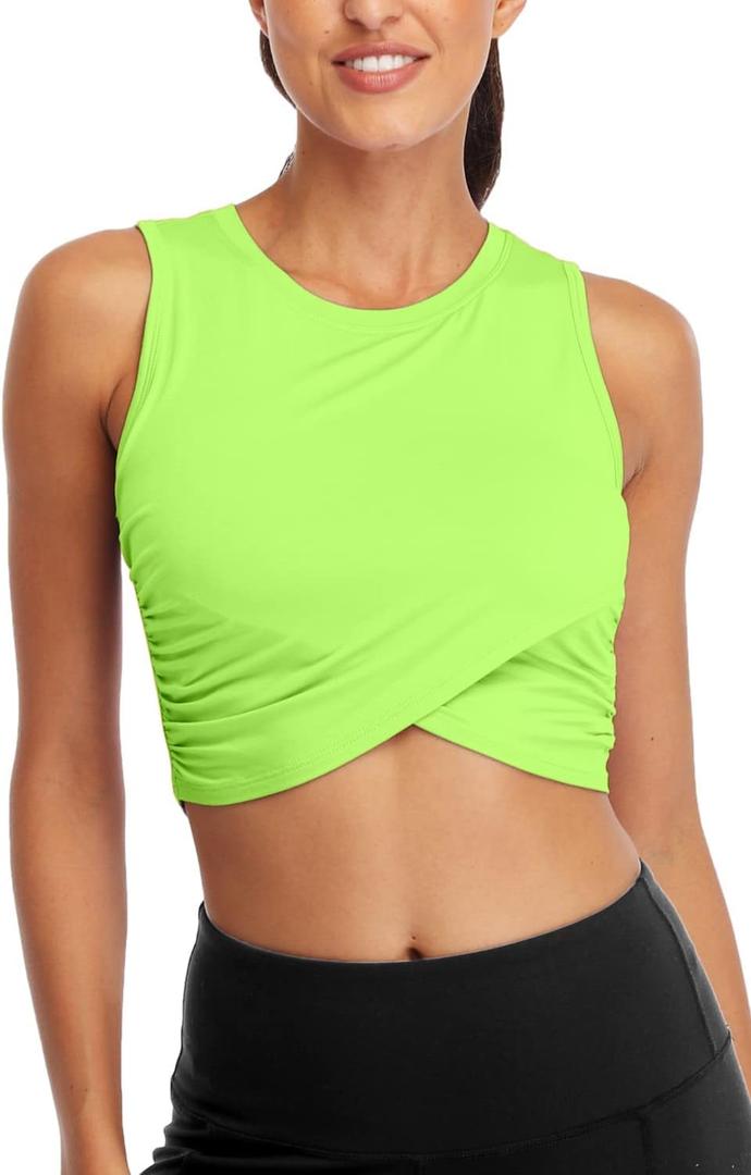 Sanutch Yoga Crop Tops Dance Tops Fitted Workout Crop Tops Yoga Tank Tops Athletic Sports Shirts for Women (X-Small, Neon Yellow)