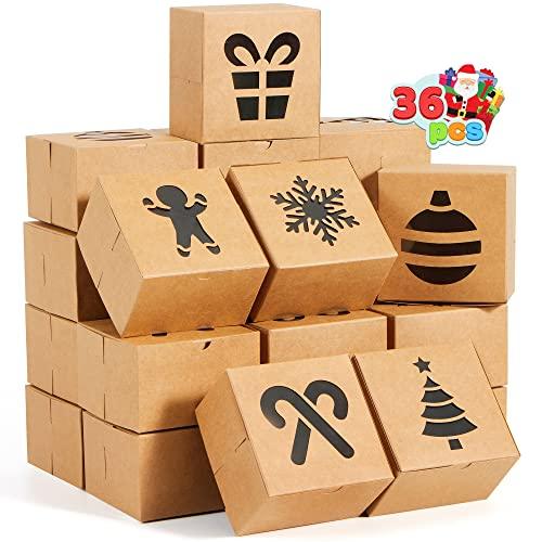 JOYIN 36 PCS Christmas Cookie Boxes for Gift Giving, Brown Bakery Treat Boxes with Window, 4" x 4" x 2.5" Gift Wrap Box for Xmas Holiday Party Favor Pastries, Cupcakes, Donuts, Brownies, Donuts