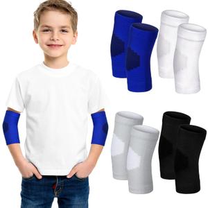 Lenwen 4 Pairs Kids Elbow Brace Compression Arm Elbow Sleeve Knit Guard Gym Protectors for Boys Teen Children Girls Basketball Volleyball Tennis Cycling (8-12 Years, Black, White, Blue, Gray)