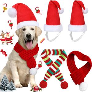 Frienda 4 Pcs Christmas Santa Hat 2 Adjustable Dog Christmas Outfit Costume Hat and 2 Knit Red Scarf Winter Pet Accessory for  Large Dog(Large)