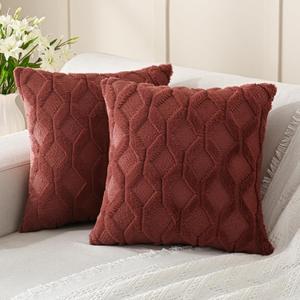 Volcanics Pack of 2 Faux Wool Throw Pillow Covers 20x20 Inches Decorative Farmhouse Velvet Couch Pillow Case Soft Plush Square Boho Cushion Pillowcase, Rust Red