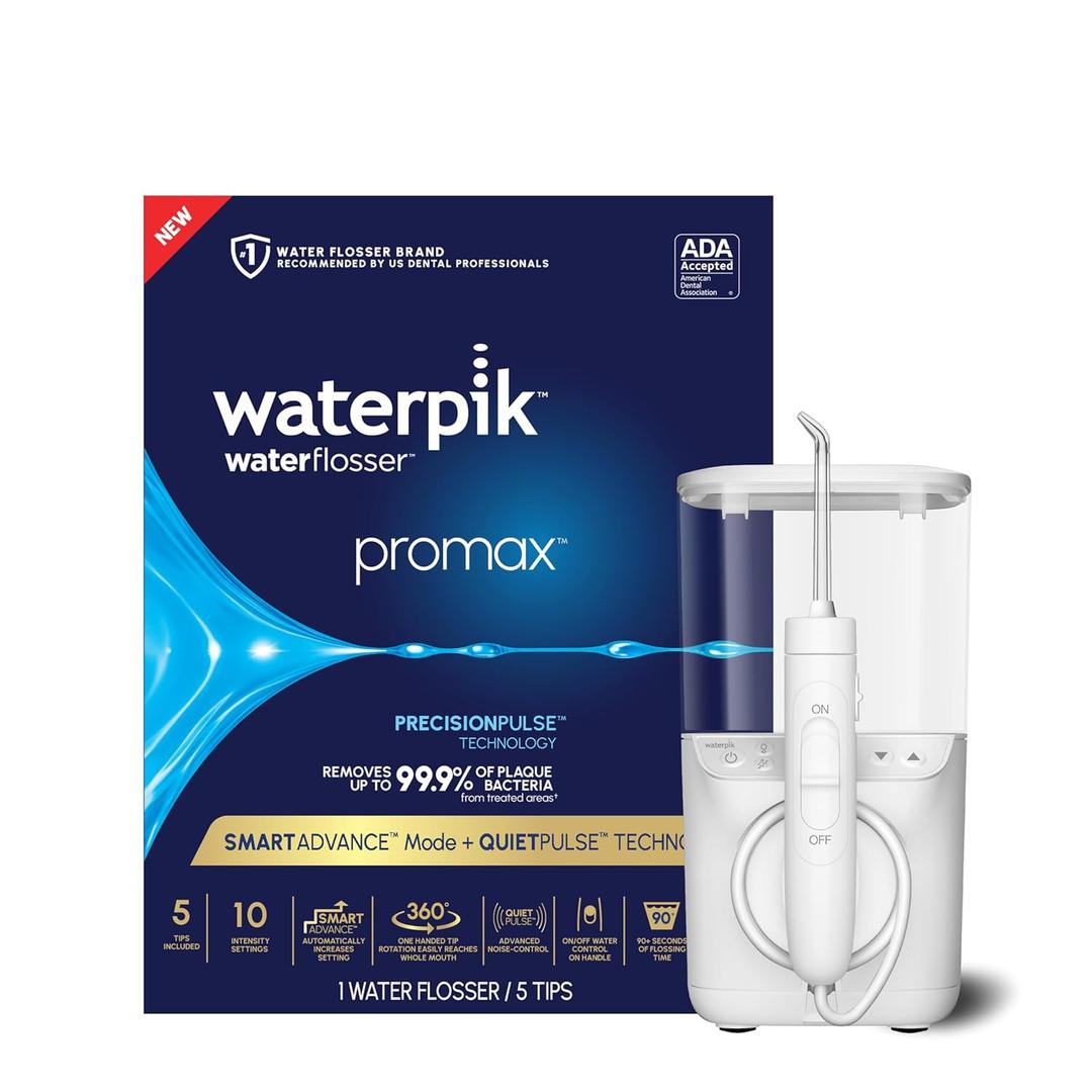 Waterpik Promax Water Flosser with SmartAdvance Mode for Daily Gum Health and Cleaning Teeth, Braces, Implants, ADA Accepted, Small Quiet Design, Electric Flosser with 10 Settings, 5 Tips, WF-23