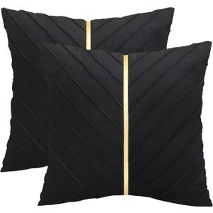 Tosleo Black Velvet Throw Pillow Covers 26 x 26 inch Pack of 2 with Gold Leather Decorative Couch Pillow Cover Luxury Modern Pillowcases for Wedding Living Room Bedroom Sofa Cushion Bed