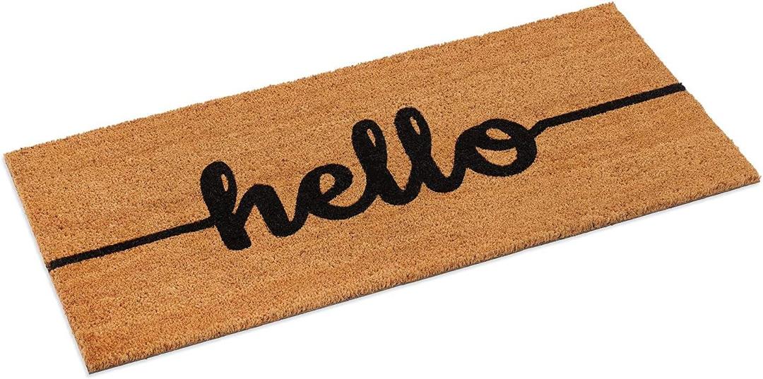 Ecomills Black Hello Coco Coir Door Mat, 22" x 47" x 0.5" - Non Slip Backing, Elegant Front Entry Mat, Natural, Indoor Outdoor, Low Profile, Easy to Clean, Durable Heavy Duty