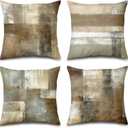 Brown Tan and Gray Set of 4 18 x 18 Inch Throw Pillow Covers, Taupe Modern Art Abstract Painting Home Decor Couch Pillow Covers Neutral Decorative for Sofa Bedroom Living Room