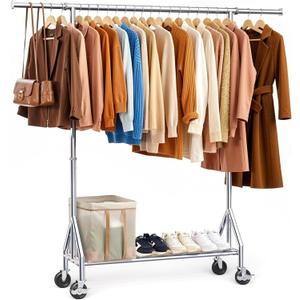 TigerParty Heavy Duty Clothes Rack for Hanging Clothes, Rolling Garment Rack, Adjustable Free Standing Organizer with Wheels, Space-Saving Design for Bedroom Laundry Living Room (Silver)