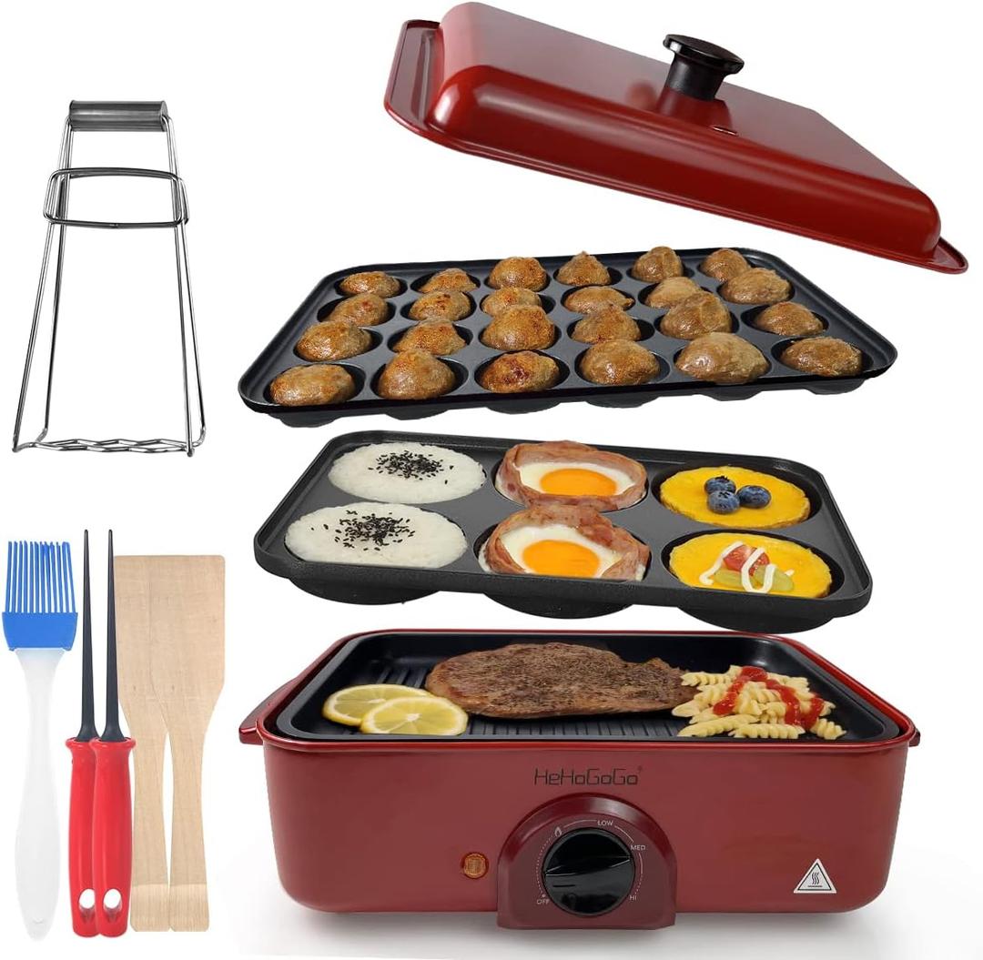 3 in 1 Multifunctional Electric Griddle Electric Skillet Nonstick Baking Maker with 3 Interchangeable Pan Takoyaki Maker Cake Pop Maker Pancake Maker Red