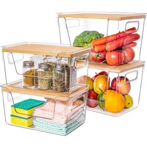 Criusia 2 Large and 2 Small Pantry Organizers and Storage with Bamboo Lids, Stackable Clear Bins for Onion, Potato, Fruit, Vegetables, Trash Bag Dispenser, Kitchen and Under Sink Organizer