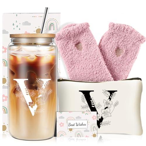 Unique Initial Glass Cup with Lids and Straws, Monogrammed Gifts Box Included Makeup Bag, Valentines Day Mothers Day Birthday Gifts for Women Mom Sister Grandma, V