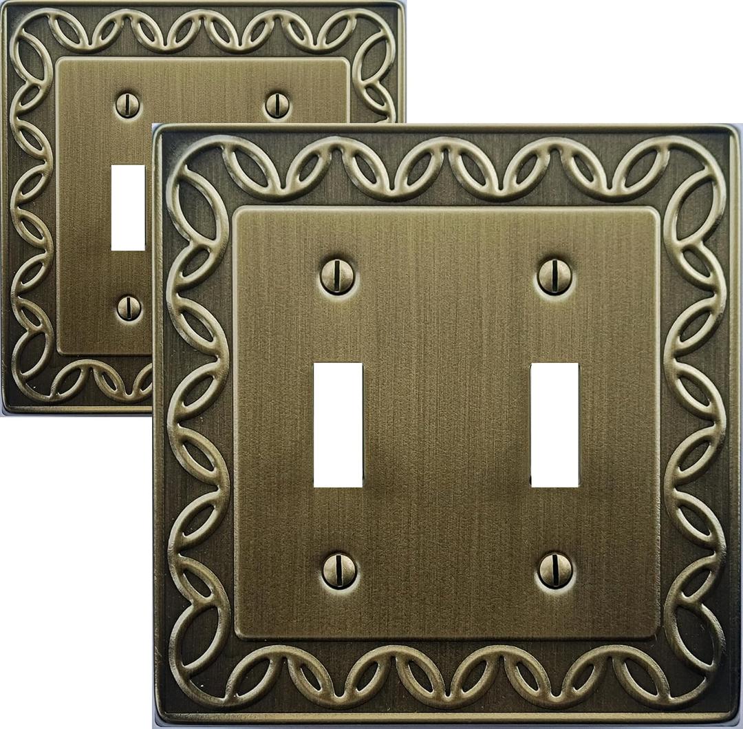 Double Toggle Light Switch Cover NovaBloom Metal Wall Plate, 2-Pack Antique Brass 2 Gang, Light Switch Cover Decorative Wallplate, Durable