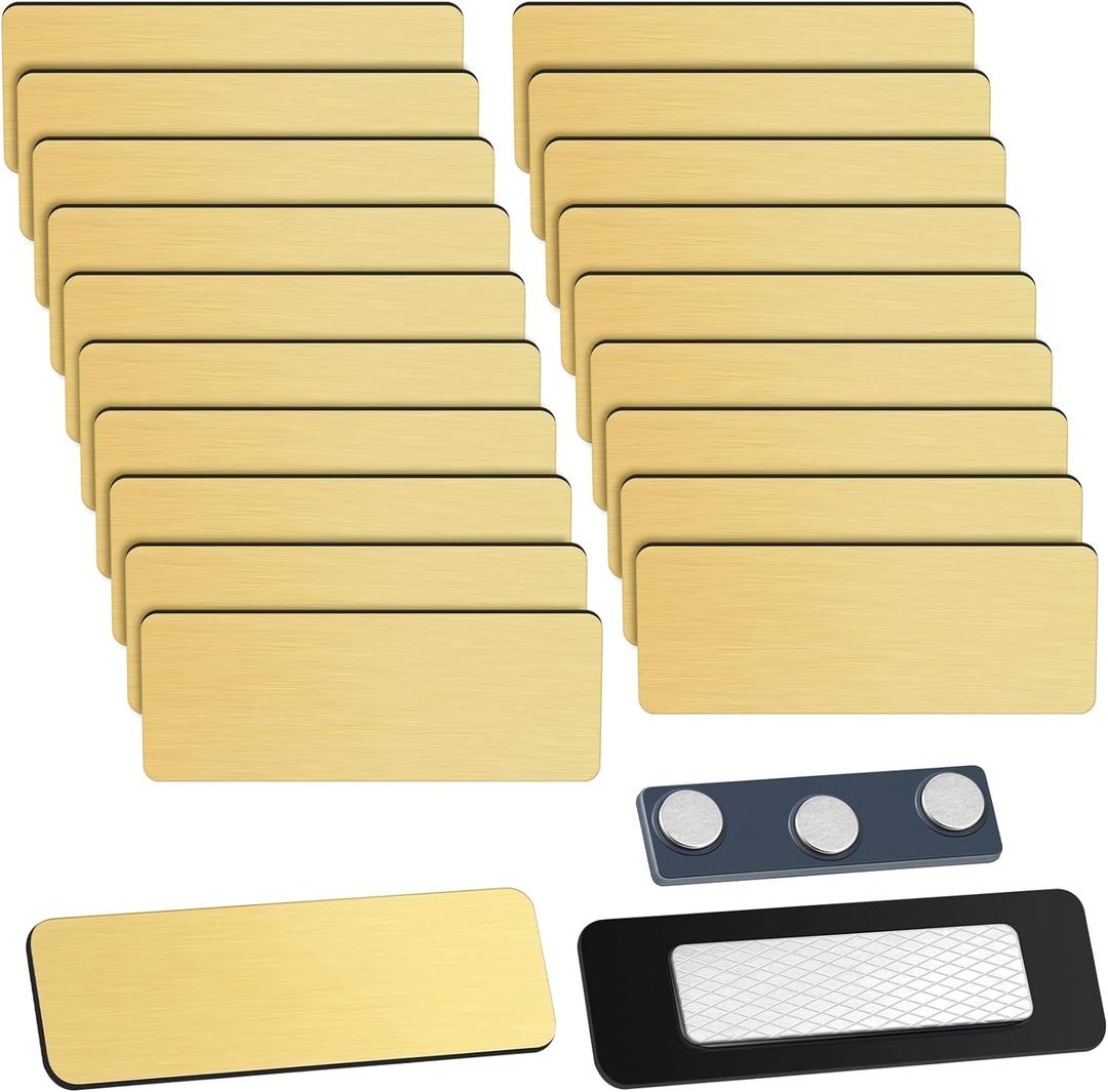 Geelin 50 Pack Magnetic Name Tags Blank Name Badge Holder Plastic ID Tag Backing 1 x 3 Inches with 3 Pcs Magnets for Police Office Employee Custom (Gold)