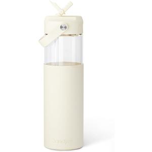 Glass Water Bottle with Silicone Sleeve and Straw Lid 20oz for Girls Women, Glass Drinking Bottles for Travel Home Gym Sports (Ivory Cream)